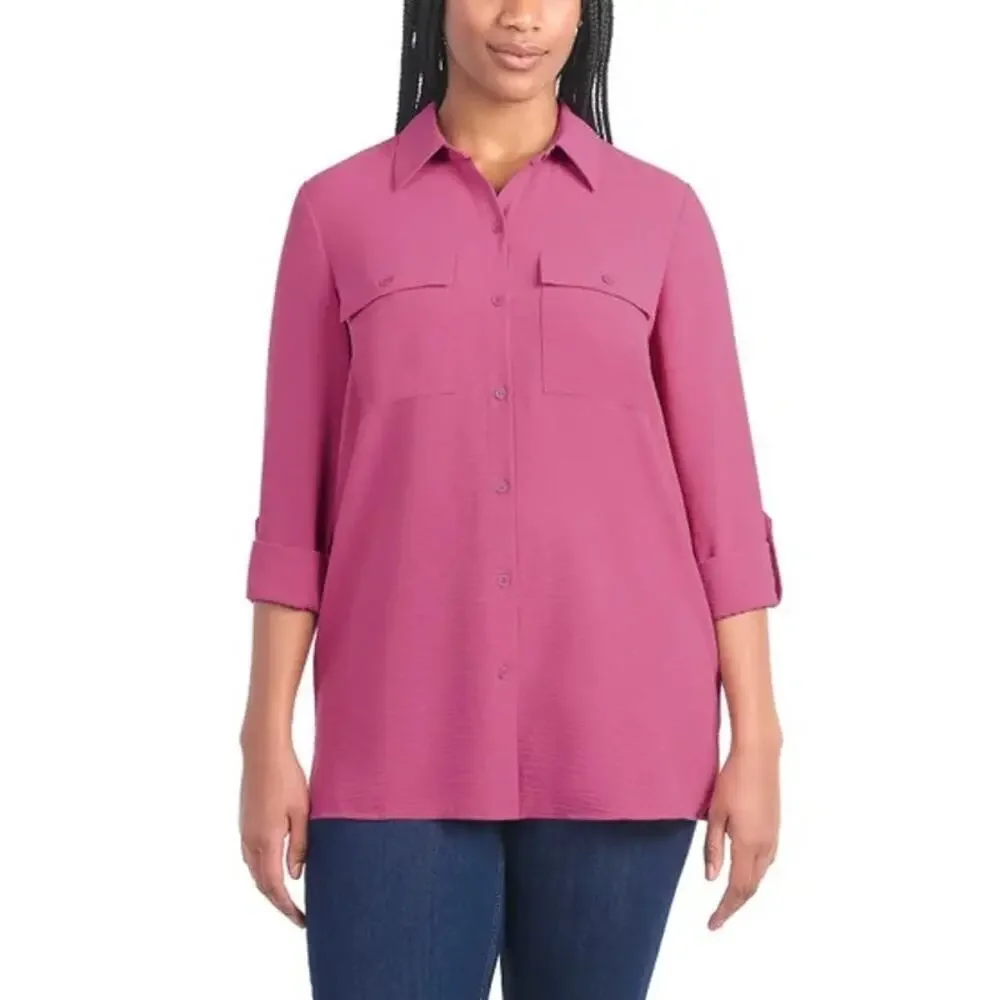 NWT Hilary Radley Women's Button Front Blouse, Large, Dark Pink. Lightweight - Picture 1 of 11